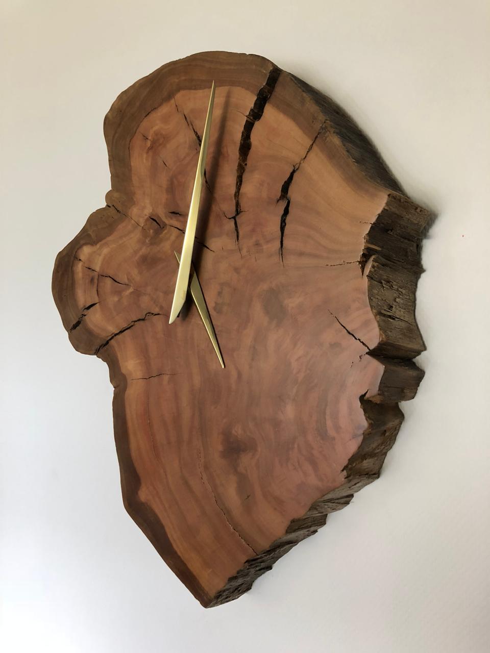 Reloj en corte de tronco con manecillas de latón